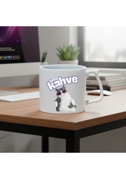Önce Kahve -Kedi Baskılı Porselen Kupa-D Kulplu Kupa-Motto-Hediye fiyatları
