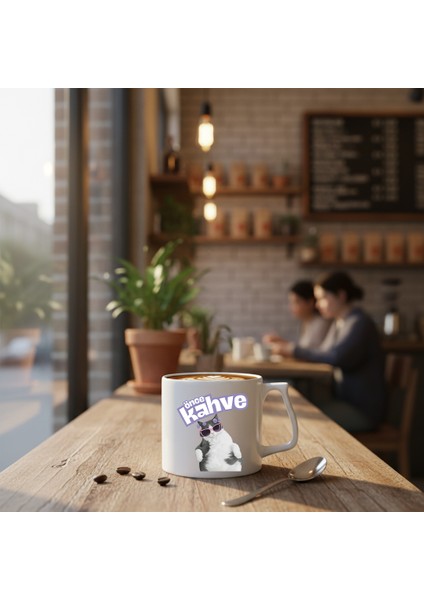 Önce Kahve -Kedi Baskılı Porselen Kupa-D Kulplu Kupa-Motto-Hediye modelleri