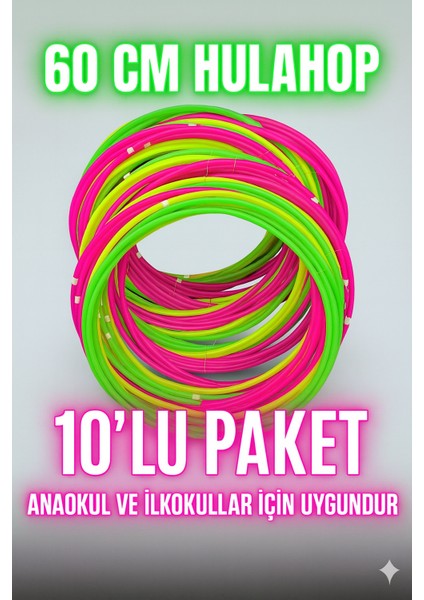 60 cm Holihop 10'lu Paket - Renkli Jimnastik Çemberi - Anaokulu & Ilkokul Spor Seti