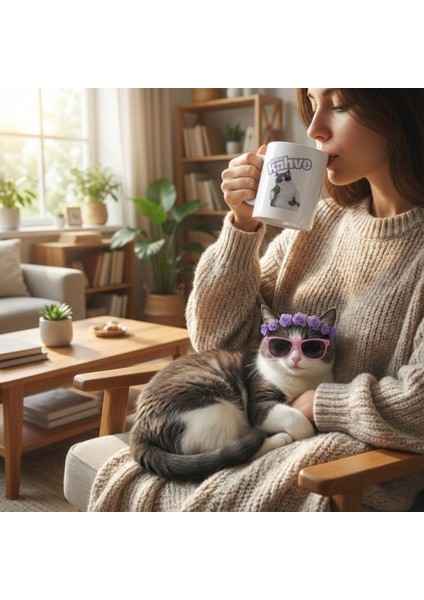 Önce Kahve -Kedi Baskılı Porselen Kupa-Standart Kulplu Kupa-Motto-Hediye