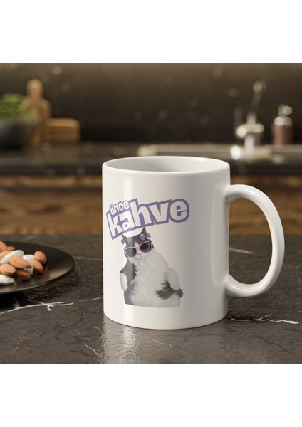 Önce Kahve -Kedi Baskılı Porselen Kupa-Standart Kulplu Kupa-Motto-Hediye fırsatları