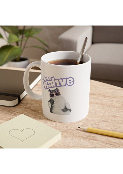 Önce Kahve -Kedi Baskılı Porselen Kupa-Standart Kulplu Kupa-Motto-Hediye indirimleri