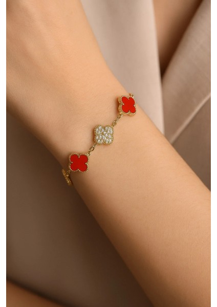 Kırmızı Mineli ve Zirkon Taşlı Yonca Gold Bileklik