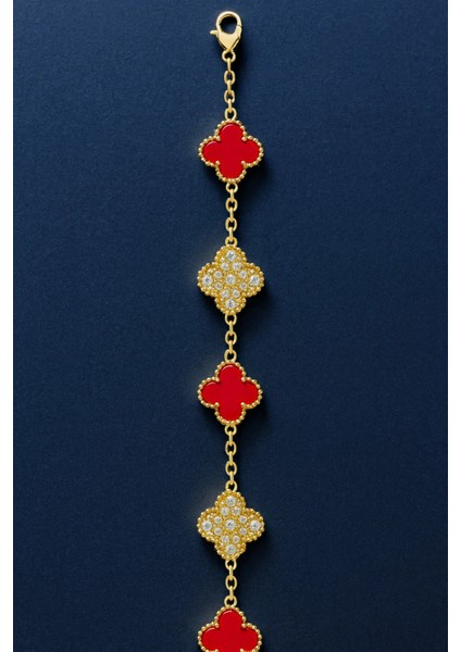 Kırmızı Mineli ve Zirkon Taşlı Yonca Gold Bileklik fiyatları