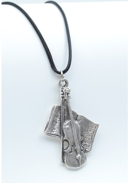 Keman - Nota Defteri Gümüş Kaplama Deri İp Kolye