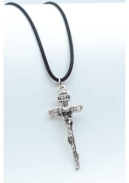 Hz. İsa Haç Gümüş Kaplama Deri İp Kolye