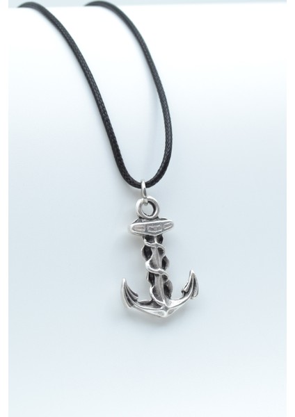 Çapa Gümüş Kaplama Deri İp Kolye