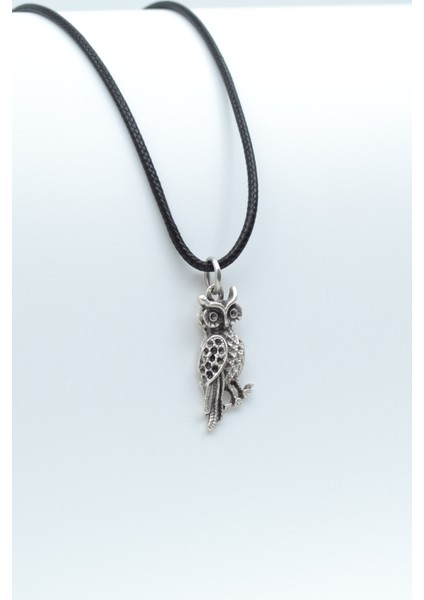 Minimal Baykuş Gümüş Kaplama Deri İp Kolye