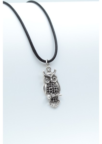 Minimal Baykuş Gümüş Kaplama Deri İp Kolye