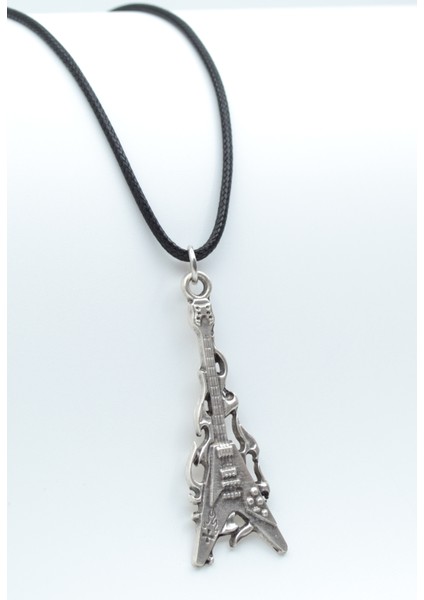 Ateşli Elektro Gitar Gümüş Kaplama Deri İp Kolye