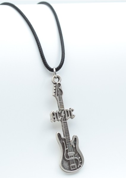 AC/DC Elektro Gitar Gümüş Kaplama Deri İp Kolye