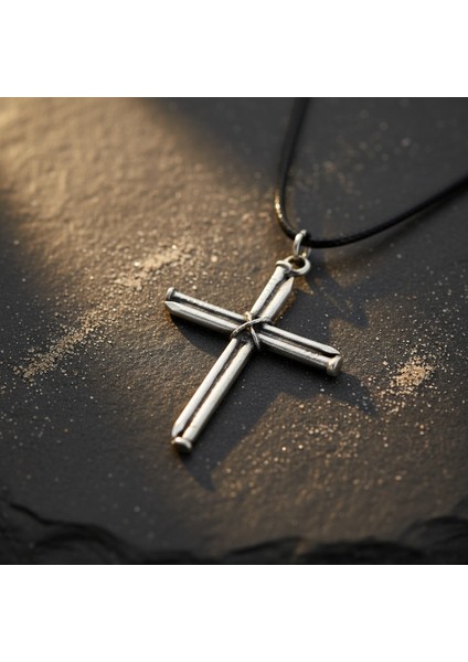 Çivili Haç Gümüş Kaplama Deri Ip Kolye