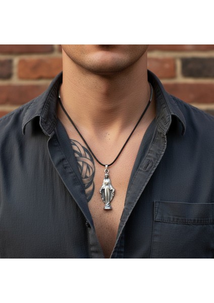 Meryem Ana Gümüş Kaplama Deri İp Kolye