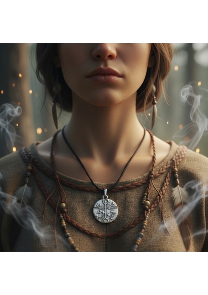 Türk Kam - Şaman Davulu Gümüş Kaplama Deri İp Kolye