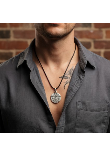 Türk Kam - Şaman Davulu Gümüş Kaplama Deri İp Kolye fiyatları