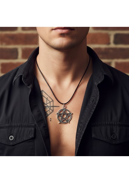 Pentagram Yıldızı Gümüş Kaplama Deri Ip Kolye fiyatları