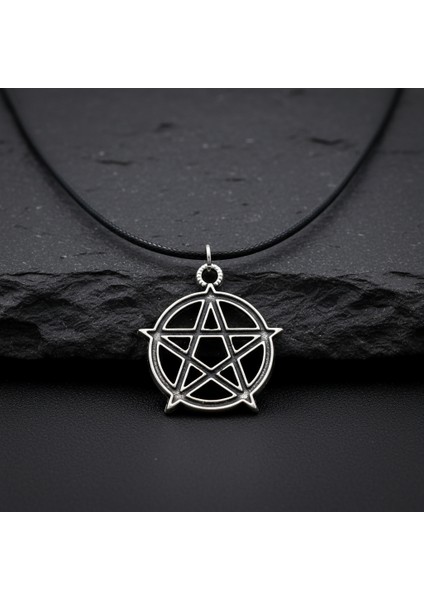 Pentagram Yıldızı Gümüş Kaplama Deri Ip Kolye fırsatları