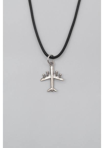 Küçük Uçak Siyah Deri İp Kolye - Antik Gümüş Kaplama - Kadın Erkek - 60 cm