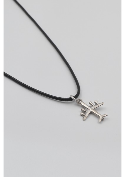 Küçük Uçak Siyah Deri İp Kolye - Antik Gümüş Kaplama - Kadın Erkek - 60 cm fiyatları