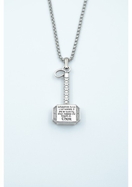 Thor Çekici Gümüş Kaplama Örme Zincir Kolye