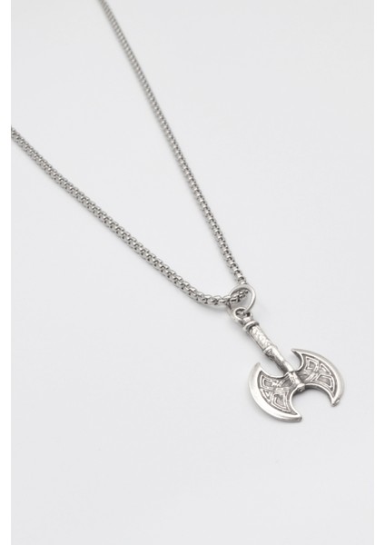 Viking Çift Başlı Balta Kolye - Örme Ithal Zincirli Unisex Gümüş Kaplama - 60 cm fiyatları