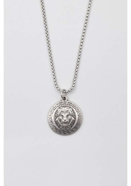 Kabartmalı Aslan Madalyon Kolye - Örme İthal Zincirli Unisex Gümüş Kaplama - 60 cm