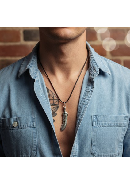 Kartal Pençesi - Kuş Tüyü Gümüş Kaplama Deri İp Kolye