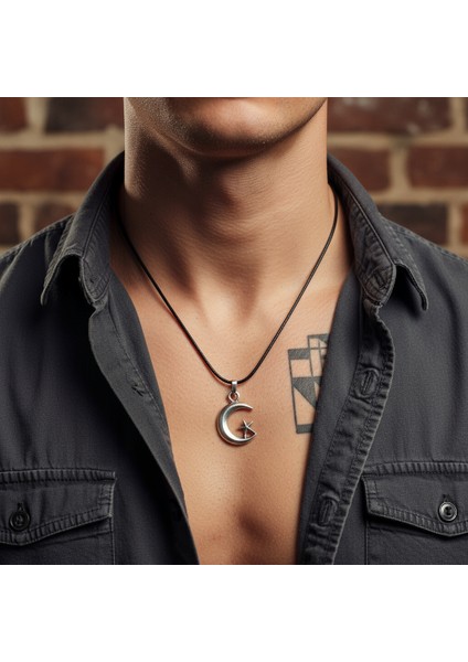 Ay Yıldız Gümüş Kaplama Deri İp Kolye