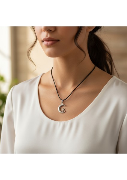 Ay Yıldız Gümüş Kaplama Deri İp Kolye fiyatları