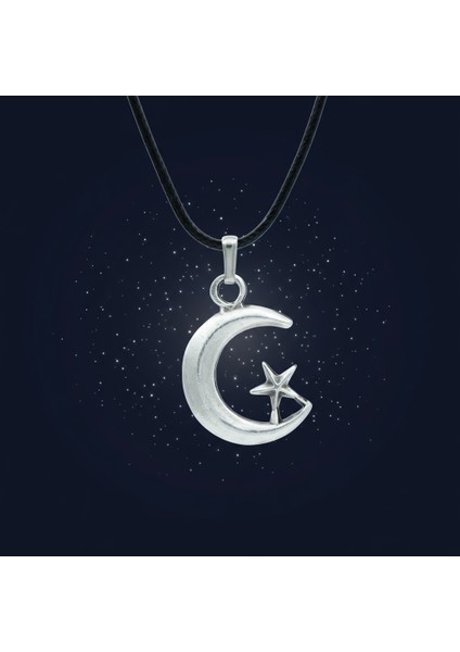 Ay Yıldız Gümüş Kaplama Deri İp Kolye fırsatları