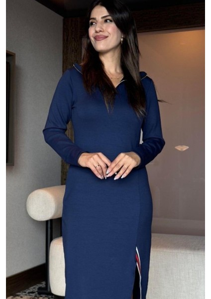 Balıkçı Yaka Önden Fermuarlı Midi Viskon Iki Iplik Elbise - Lacivert modelleri