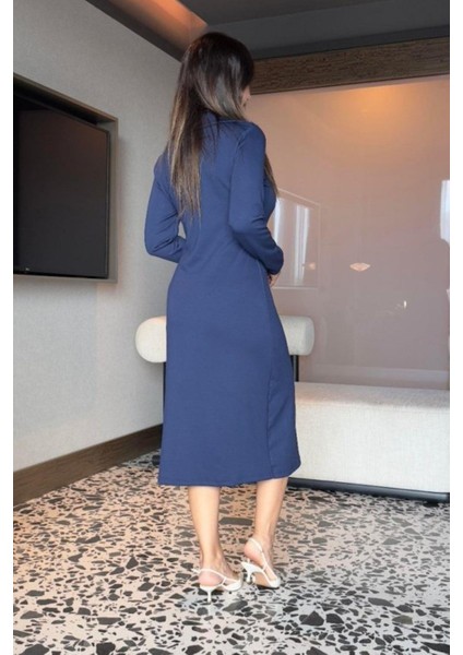 Balıkçı Yaka Önden Fermuarlı Midi Viskon Iki Iplik Elbise - Lacivert fırsatları