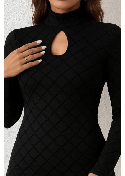 Damla Detay Flok Baskı Dalgıç Mini Elbise - Siyah fiyatları