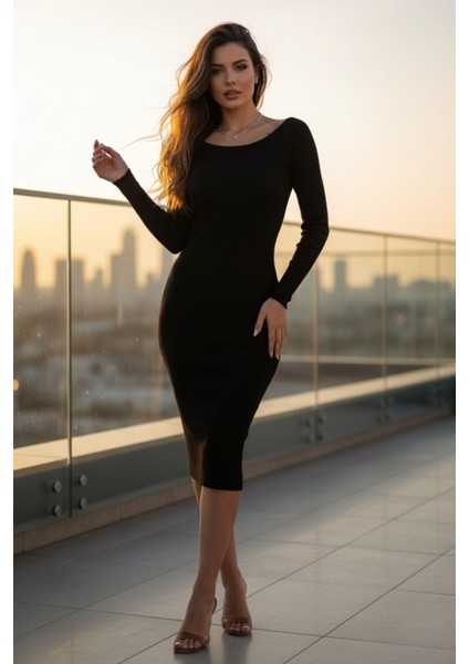 Kare Yaka Fitilli Likralı Elbise Siyah