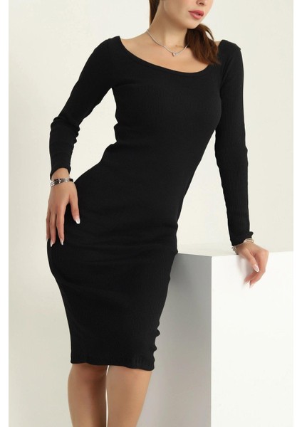 Kare Yaka Fitilli Likralı Elbise Siyah modelleri