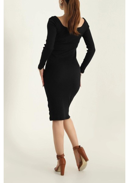 Kare Yaka Fitilli Likralı Elbise Siyah fırsatları