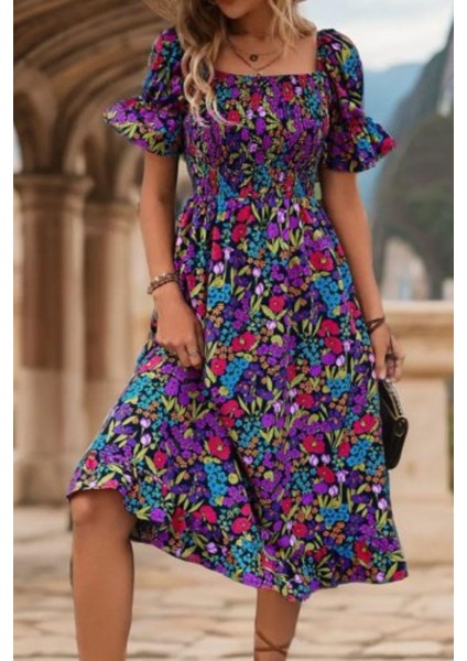 Kare Yaka Beli Lastikli Çiçek Desenli Süprem Elbise - Desenli