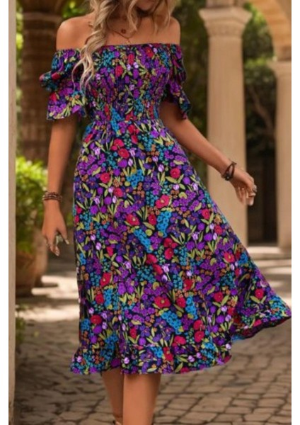 Kare Yaka Beli Lastikli Çiçek Desenli Süprem Elbise - Desenli fiyatları