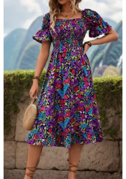 Kare Yaka Beli Lastikli Çiçek Desenli Süprem Elbise - Desenli modelleri