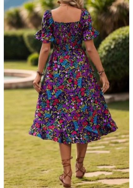 Kare Yaka Beli Lastikli Çiçek Desenli Süprem Elbise - Desenli fırsatları