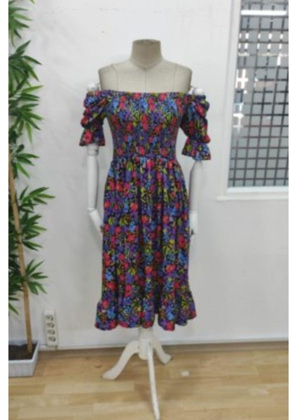 Kare Yaka Beli Lastikli Çiçek Desenli Süprem Elbise - Desenli indirimleri