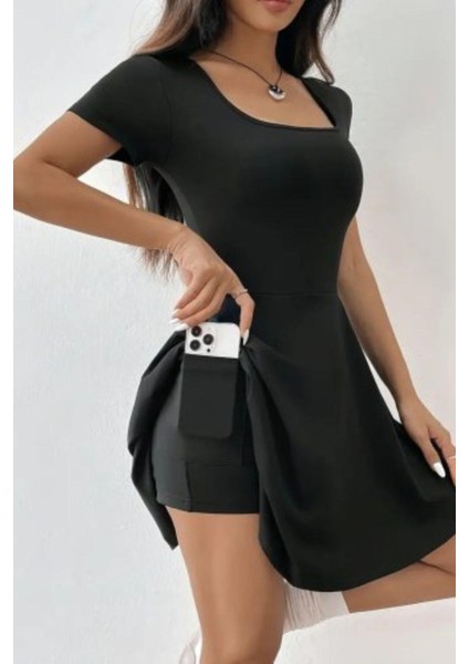Kare Yaka Şort Detaylı Dalgıç Elbise Siyah fiyatları