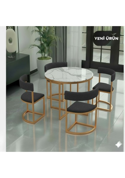 Melis Gold Metal Antrasit 90 cm Çap Yuvarlak Yemek Masası Takımı 4 Kişilik Balkon Masası Takımı Mutfak Masası