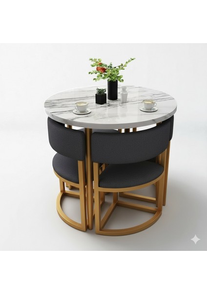 Melis Gold Metal Antrasit 90 cm Çap Yuvarlak Yemek Masası Takımı 4 Kişilik Balkon Masası Takımı Mutfak Masası fiyatları