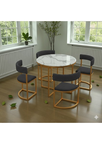 Melis Gold Metal Antrasit 90 cm Çap Yuvarlak Yemek Masası Takımı 4 Kişilik Balkon Masası Takımı Mutfak Masası modelleri
