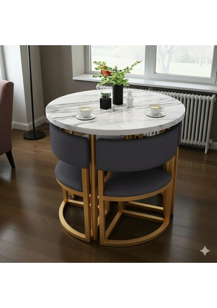 Melis Gold Metal Antrasit 90 cm Çap Yuvarlak Yemek Masası Takımı 4 Kişilik Balkon Masası Takımı Mutfak Masası fırsatları