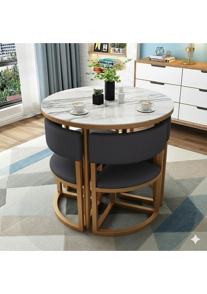 Melis Gold Metal Antrasit 90 cm Çap Yuvarlak Yemek Masası Takımı 4 Kişilik Balkon Masası Takımı Mutfak Masası indirimleri