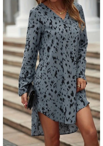 V Yakalı Desenli Uzun Kollu Elbise Gri