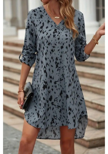 V Yakalı Desenli Uzun Kollu Elbise Gri fiyatları