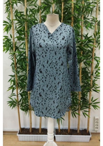 V Yakalı Desenli Uzun Kollu Elbise Gri modelleri